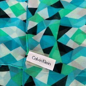 Calvin Klein Teal & Black Geometric Silk Scarf
